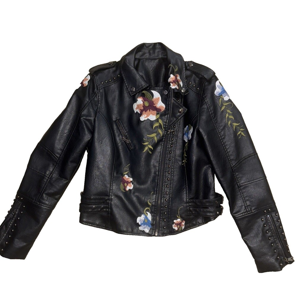Black Floral Studded Faux Leather Biker Jacket Zip Snap Collared Embroidered XL